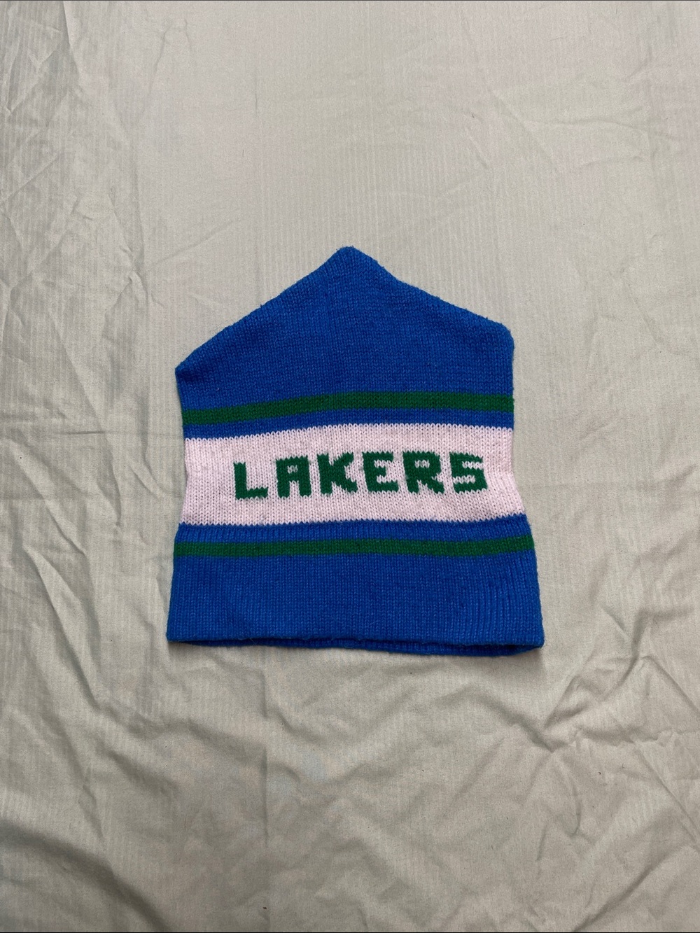 Blue 'LAKERS' Knit Beanie with Green and White Stripe